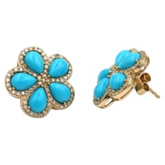 Natural Turquoise & Real Diamond 14k Solid Gold Earrings