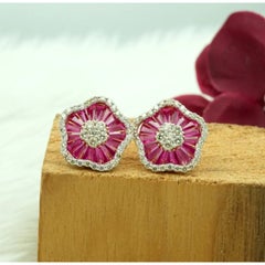 Natural 14K Gold Stud Earrings, 7.10ct Ruby, 1.03ct Diamond