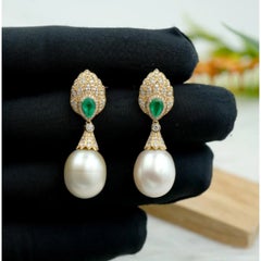 Natural 14K Gold Emerald, South Sea Pearl & Diamond Stud Earrings