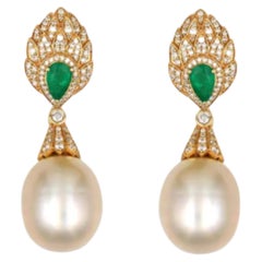 Natural 14K Gold Emerald, South Sea Pearl & Diamond Stud Earrings