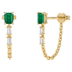 14K Gold Emerald and Diamond Halo Earrings, New