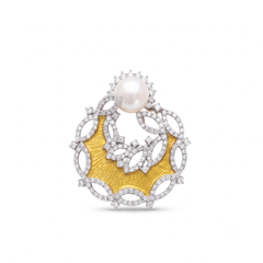 14K Yellow Gold Pearl & Diamond Pendant Set, 15.49ct, New