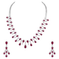 Natural 14K White Gold Ruby & Diamond Necklace Set