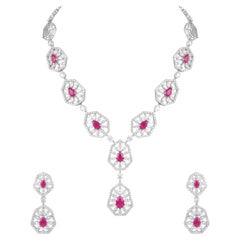 Stunning 14K White Gold Ruby & Diamond Necklace Set