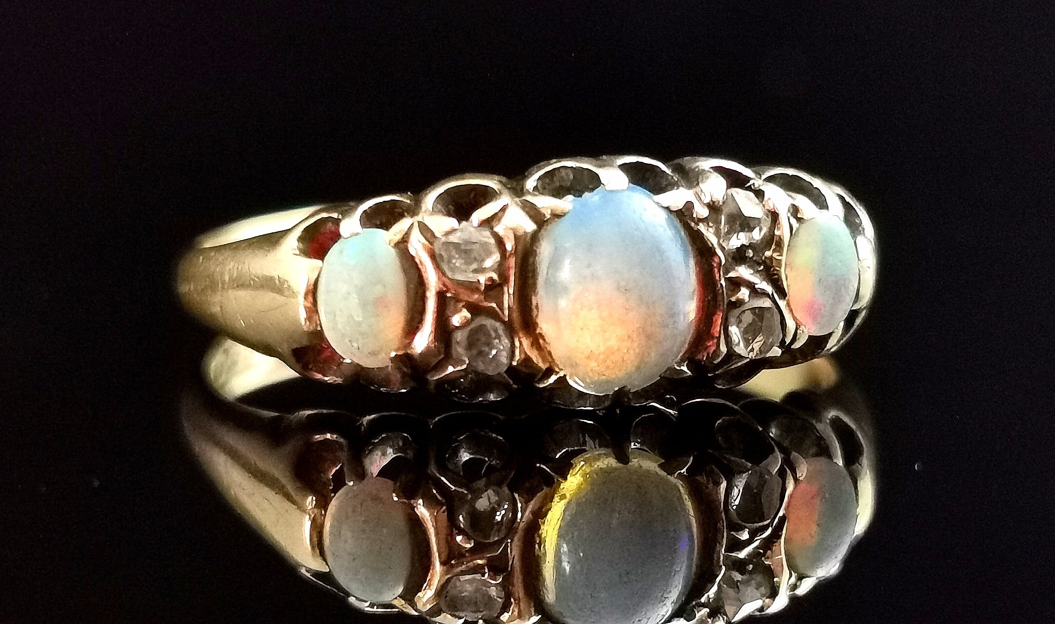 Victorian Opal and Rose Cut Diamond Ring, 18 Karat Yellow Gold