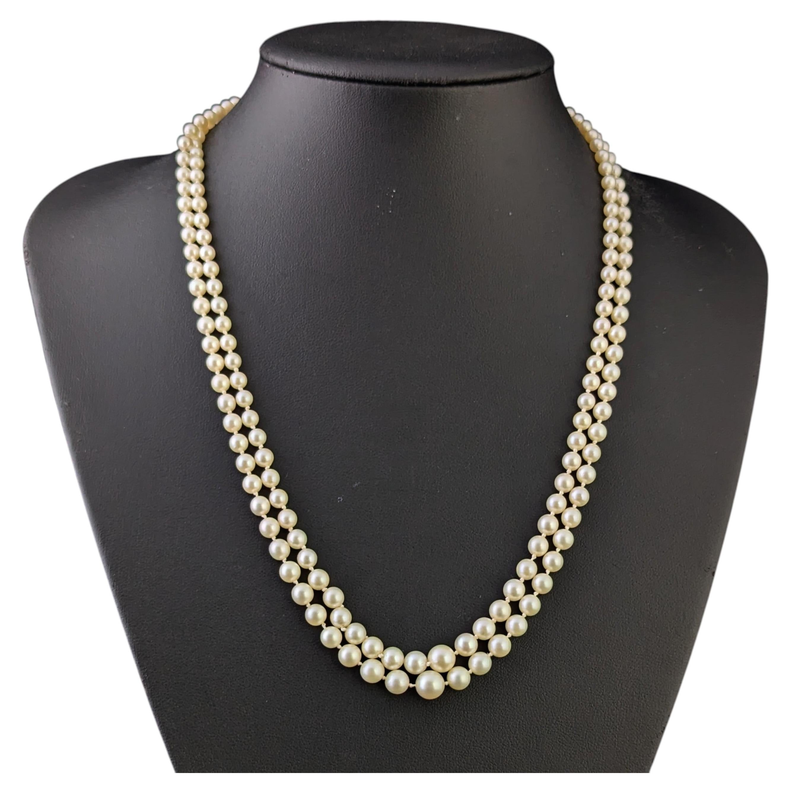 Vintage Art Deco double row cultured pearl necklace, Diamond 9k white gold