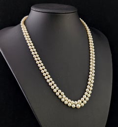 Collar vintage de perlas cultivadas de dos hileras, estilo Art Déco, con diamantes y oro blanco de 9k