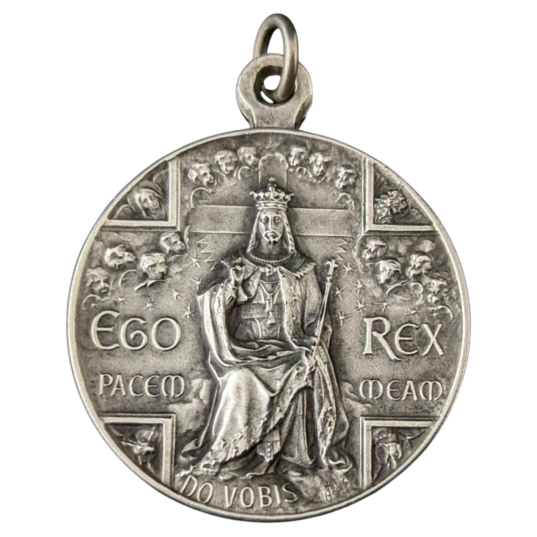 Antique French silver religious medallion pendant, Chridtst and King For Sale