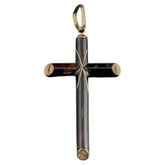 Vintage 9k gold and black enamel cross pendant, North Star, Religious jewellery