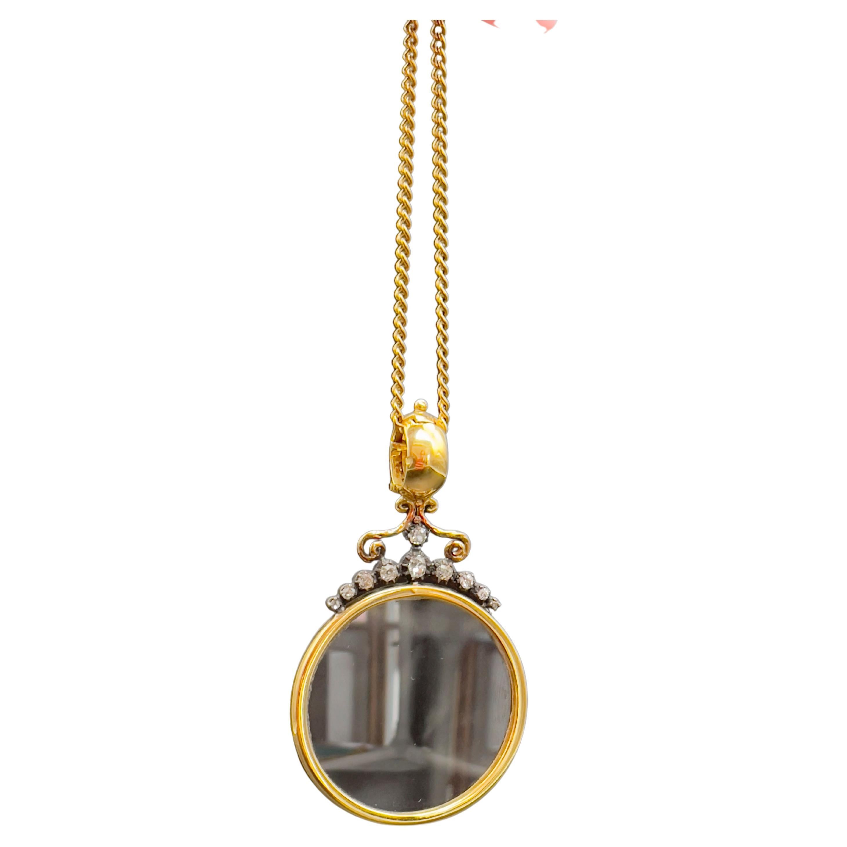 Victorian Monocle Magnifying Glass Diamonds Gold Pendant Necklace  For Sale