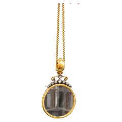Antique Victorian Monocle Magnifying Glass Diamonds Gold Pendant Necklace 