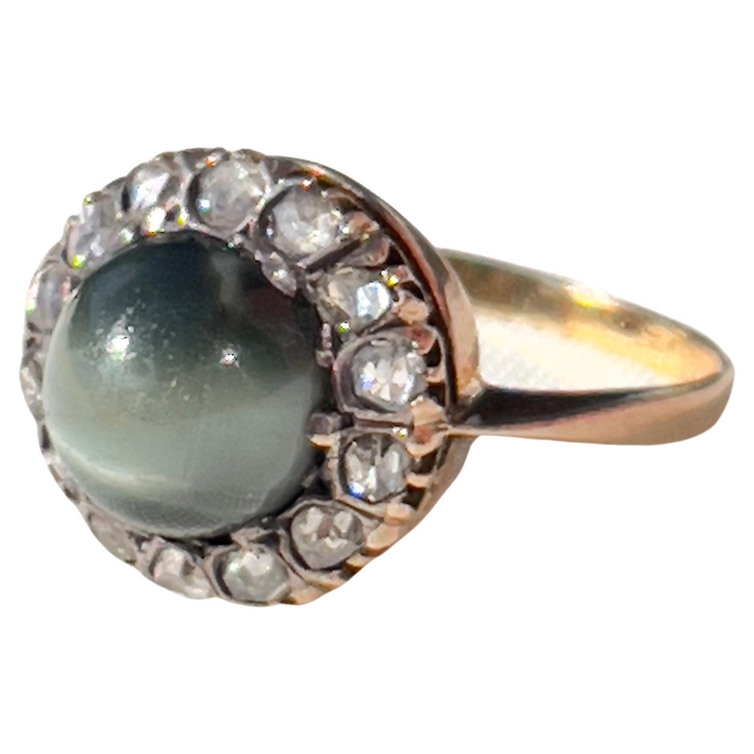 Victorian Chrysoberyl Diamond Gold Cats Eye Portuguese Cocktail Ring For Sale