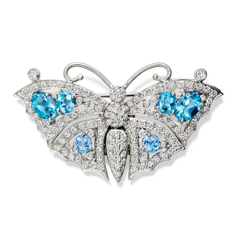Beijing Sapphire Aquamarine Diamond Gold Butterfly Brooch For Sale