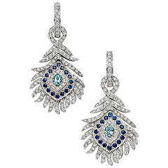 Peacock Aquamarine Sapphire Diamond Gold Chandelier Earrings 11