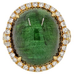 Bague vintage en or jaune 18 carats avec tourmaline vert œil de chat de 19,02 carats et diamants de 1,04 carat