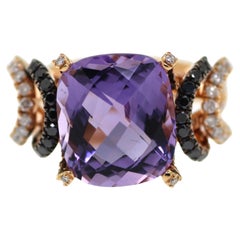 6.44Ct Cushion Cut Amethyst with Black and White Diamonds in 18K Rose Gold