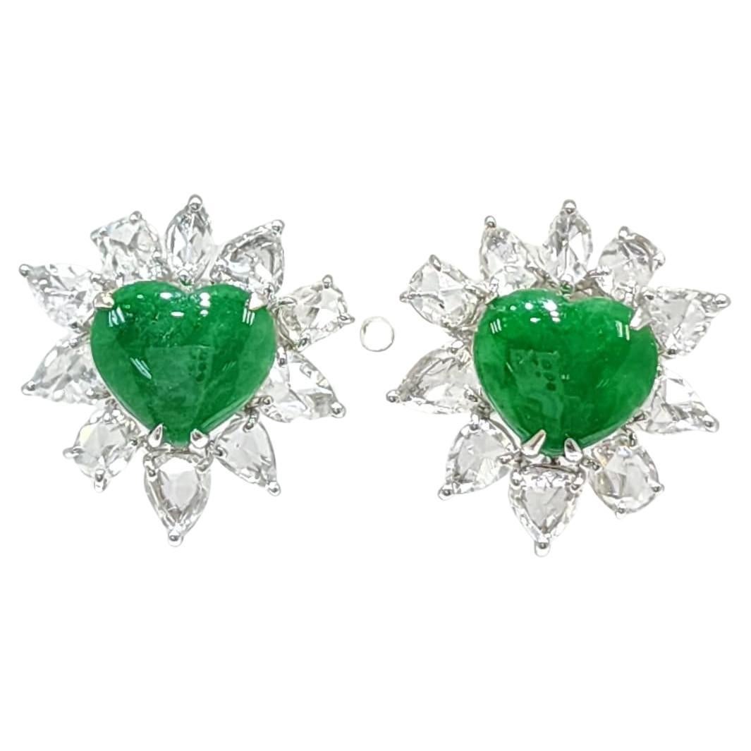 Boucles d
oreilles rétro en or blanc 18 carats avec diamants taillés en rose et jadéite en vente