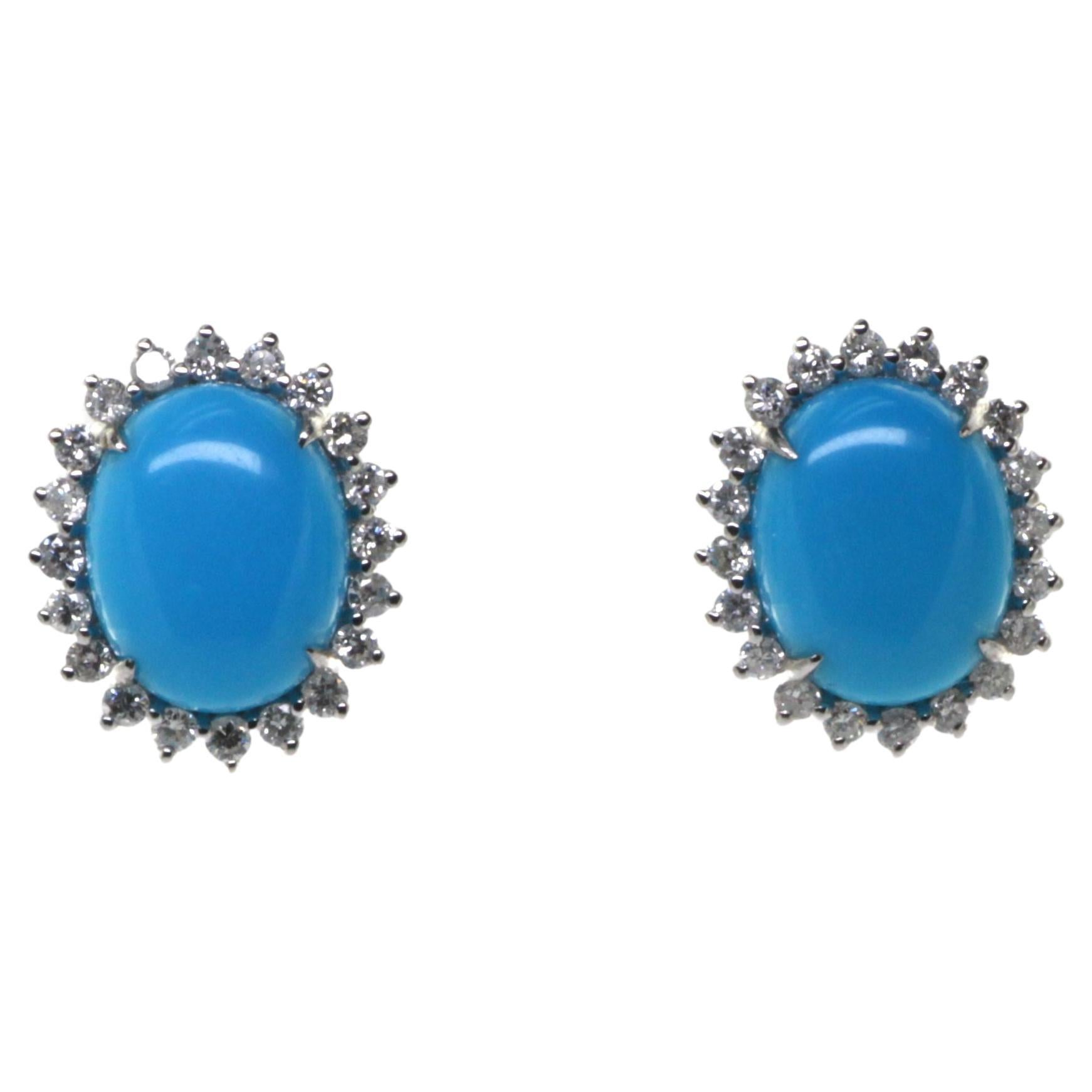 Turquoise Diamond Stud Earrings in 14 Karat White Gold For Sale
