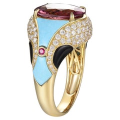 Rubellite Turquoise Onyx Diamond Cocktail Ring in 18 Karat Yellow Gold
