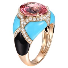 4.53 Carat Pink Tourmaline Turquoise Onyx Diamond Cocktail Ring in 14 Karat Gold