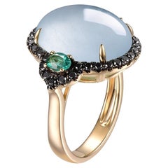 Aquamarine Black Diamonds and Emerald in 14kt Yellow Gold Cocktail Ring