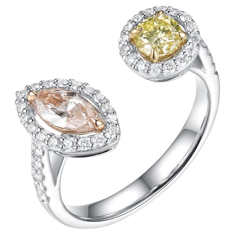 Bague Toi et Moi en or blanc 18 carats avec diamants roses et jaunes de couleur fantaisie de 1,00 carat