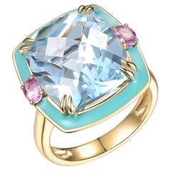 Anello da cocktail Art Deco con topazio blu e smalto rosa da 14,03 carati in oro 14 carati