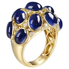 Cabochon Blue Sapphires Diamond Dome Ring in 18 Karat Yellow Gold