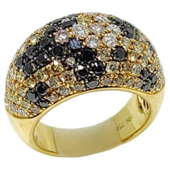 Vintage 3.50 Carat Pave Color Diamond 9 Row Dome Ring in 18 Karat Yellow Gold