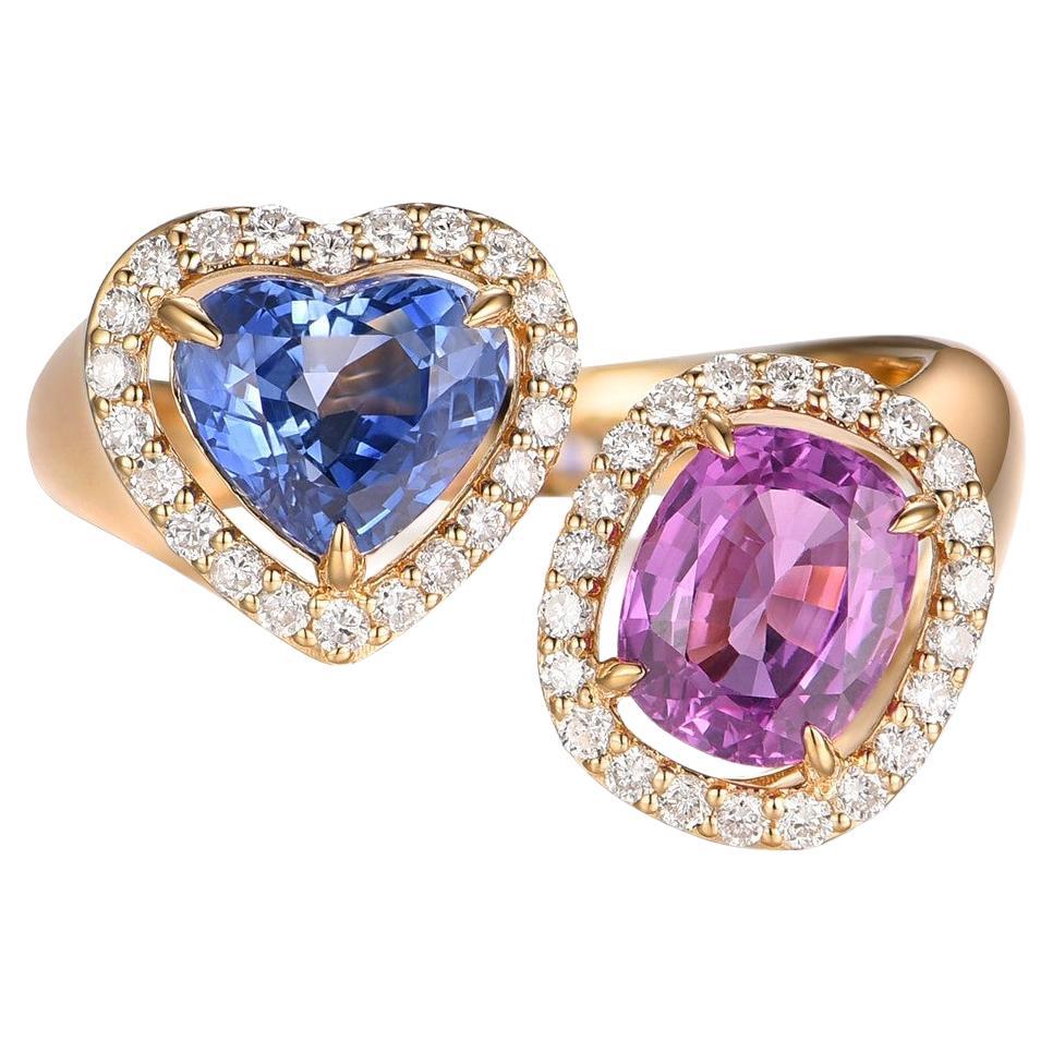 Blue and Pink Sapphire Diamond Toi Et Moi Ring in 18k Yellow Gold For ...