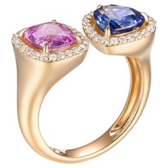 Cushion Pink and Blue Sapphire and Diamond Toi Et Moi Ring in 18k Yellow Gold