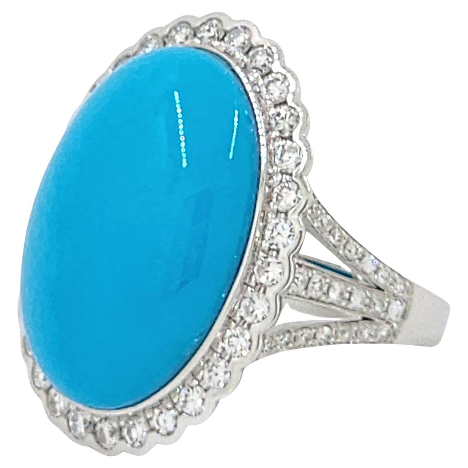 Vintage 11.64 Carat Sleeping Beauty Turquoise Diamond Ring in 14k White Gold For Sale