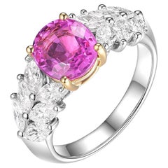 2.38 Ct Pink Sapphire and Marquise Diamonds Ring 18k White Gold Lab Certificate