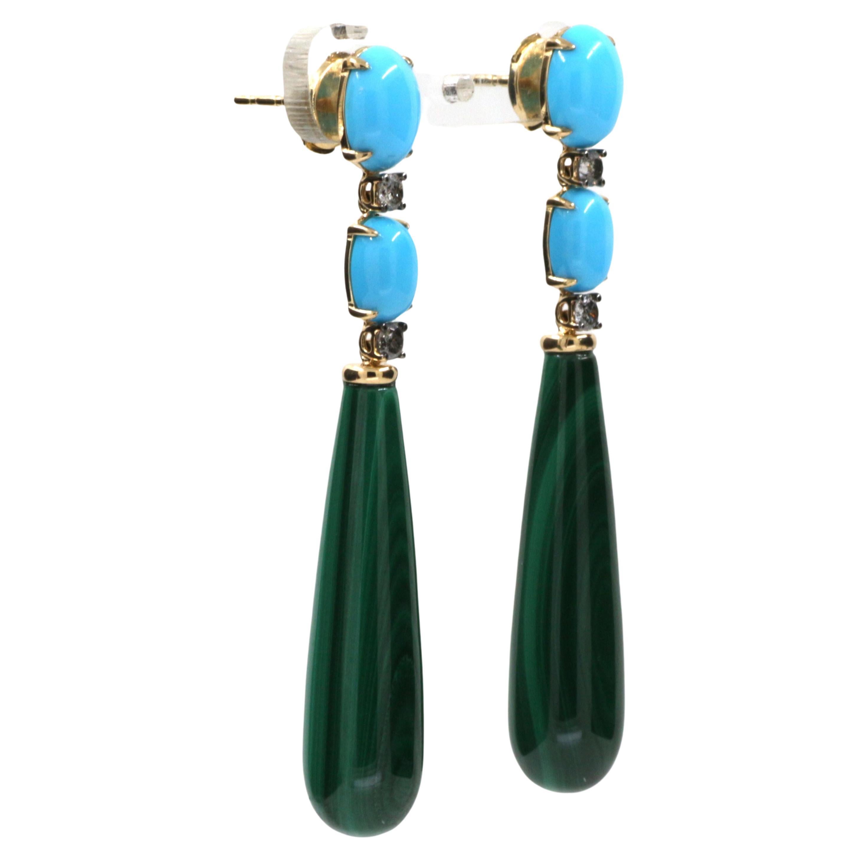 Turquoise Natts Diamond Malachite Dangle Earrings in 14 Karat Yellow Gold For Sale