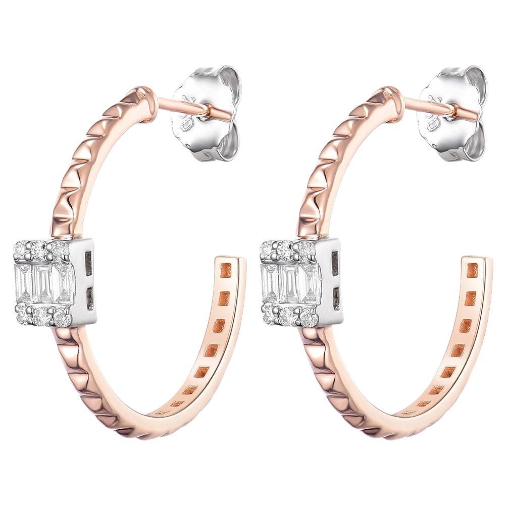 Baguette Diamond Hoop Earrings in 18 Karat White and Rose Gold For Sale