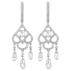 Retro Rose Cut and Briolette Diamond Dangle Earrings in 18K White Gold