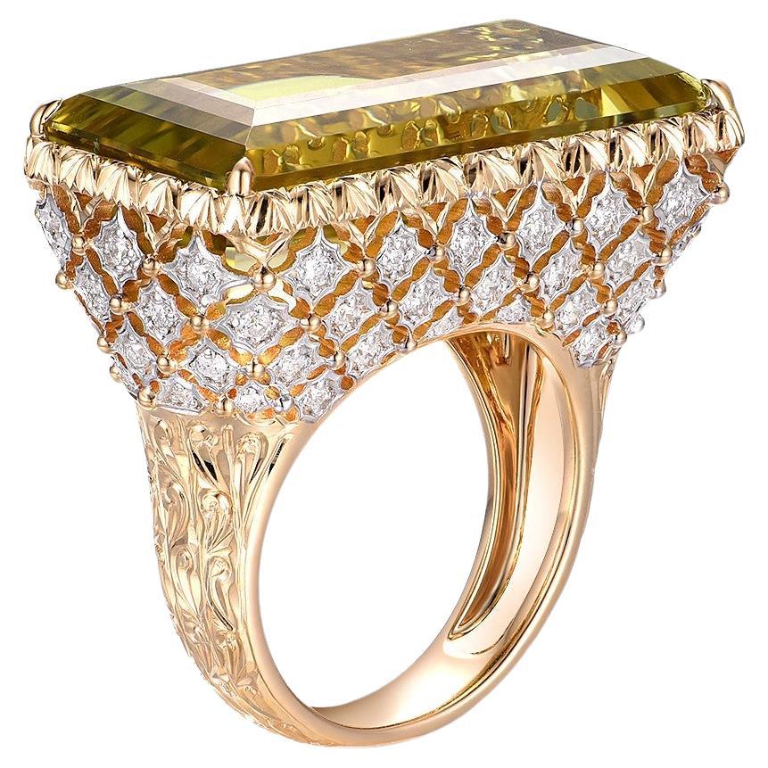 GIA Certified 25.58 Carat Golden Beryl and Diamond Ring in 18K Yellow Gold For Sale