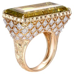 GIA Certified 25.58 Carat Golden Beryl and Diamond Ring in 18K Yellow Gold