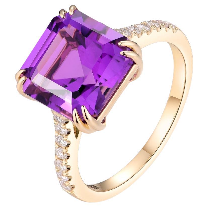 4.49Ct  Asscher Cut Amethyst Diamond Ring in 14K Yellow Gold For Sale