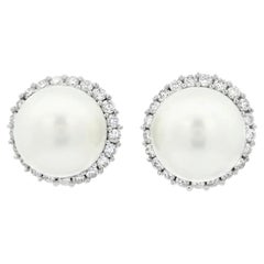 18K White Gold Pearl Diamond Stud Earrings by Designer Carat, 0.88ct