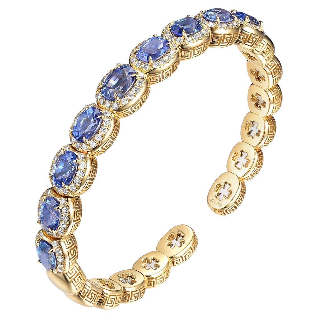 9.49 Carats Blue Sapphire Diamond Bangle Bracelet in 18 Karat Yellow Gold For Sale