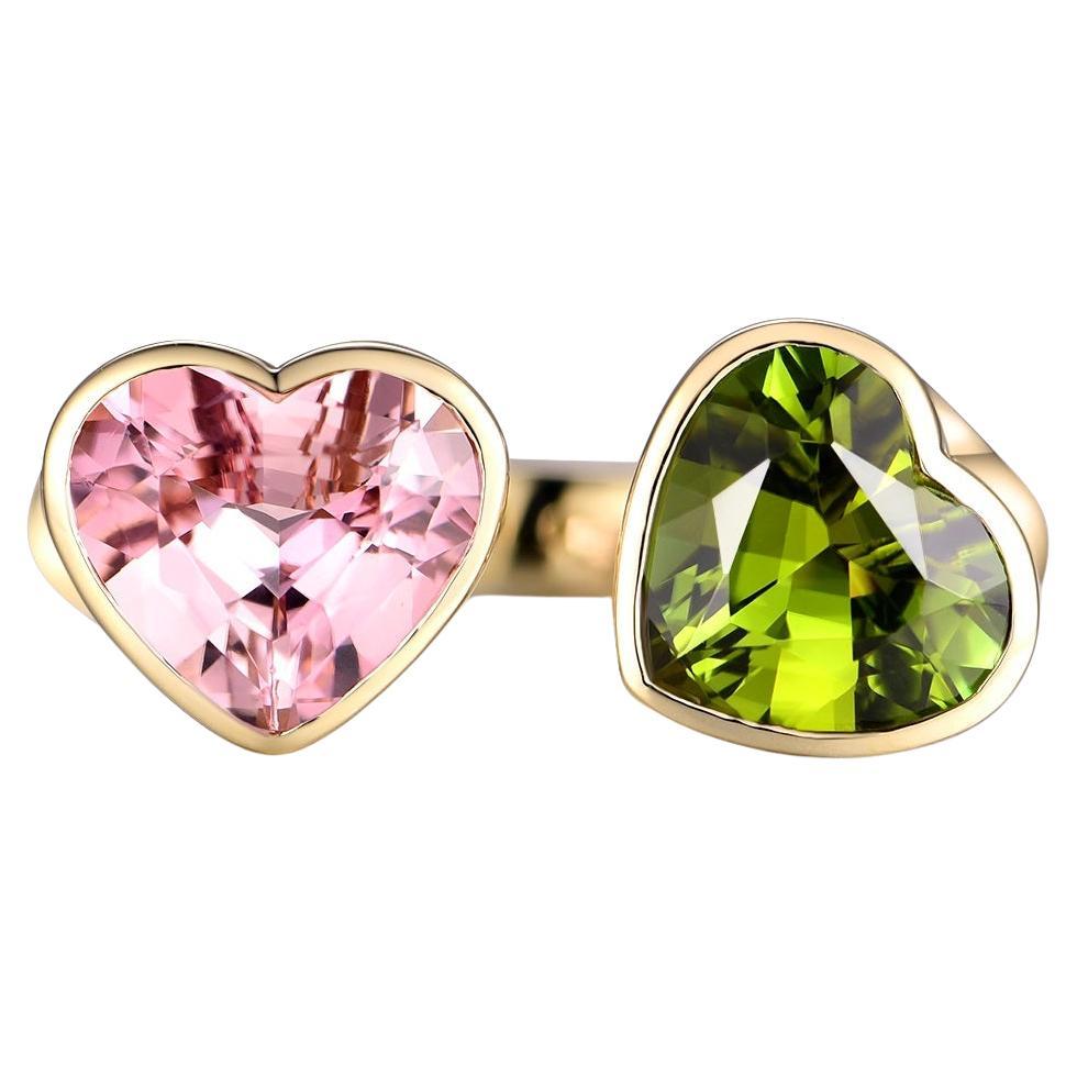 Heart Tourmaline Diamond Toi Et Moi Ring in 14 Karat Yellow Gold