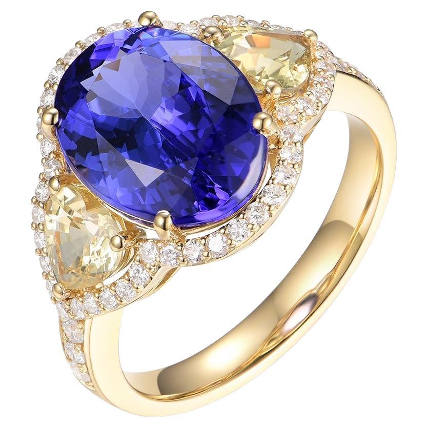 IGI Certificado 4.26 Ct Tanzanita Zafiro Amarillo Anillo de Diamantes en Oro Amarillo de 14K