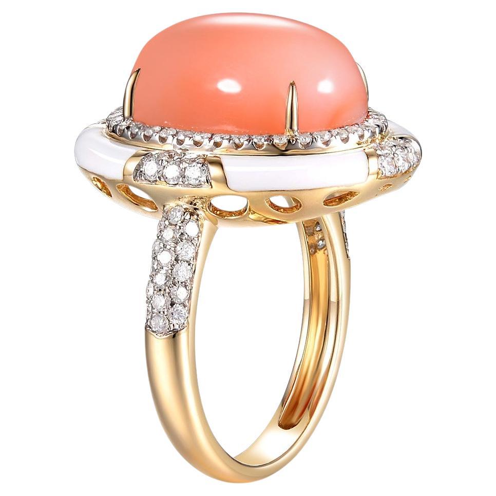 Angle Skin Color Coral Diamond Enamel Ring in 14 Karat Yellow Gold For Sale