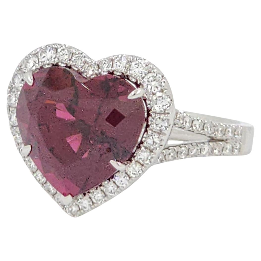 GIA Certified 7.37 Carat Heart Garnet and Diamond Ring in 18K White Gold For Sale