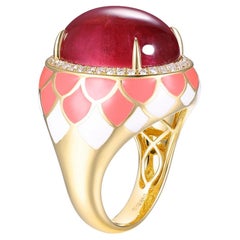 19.84 Carat Tourmaline Diamond Enamel Cocktail Ring in 18 Karat Yellow Ring