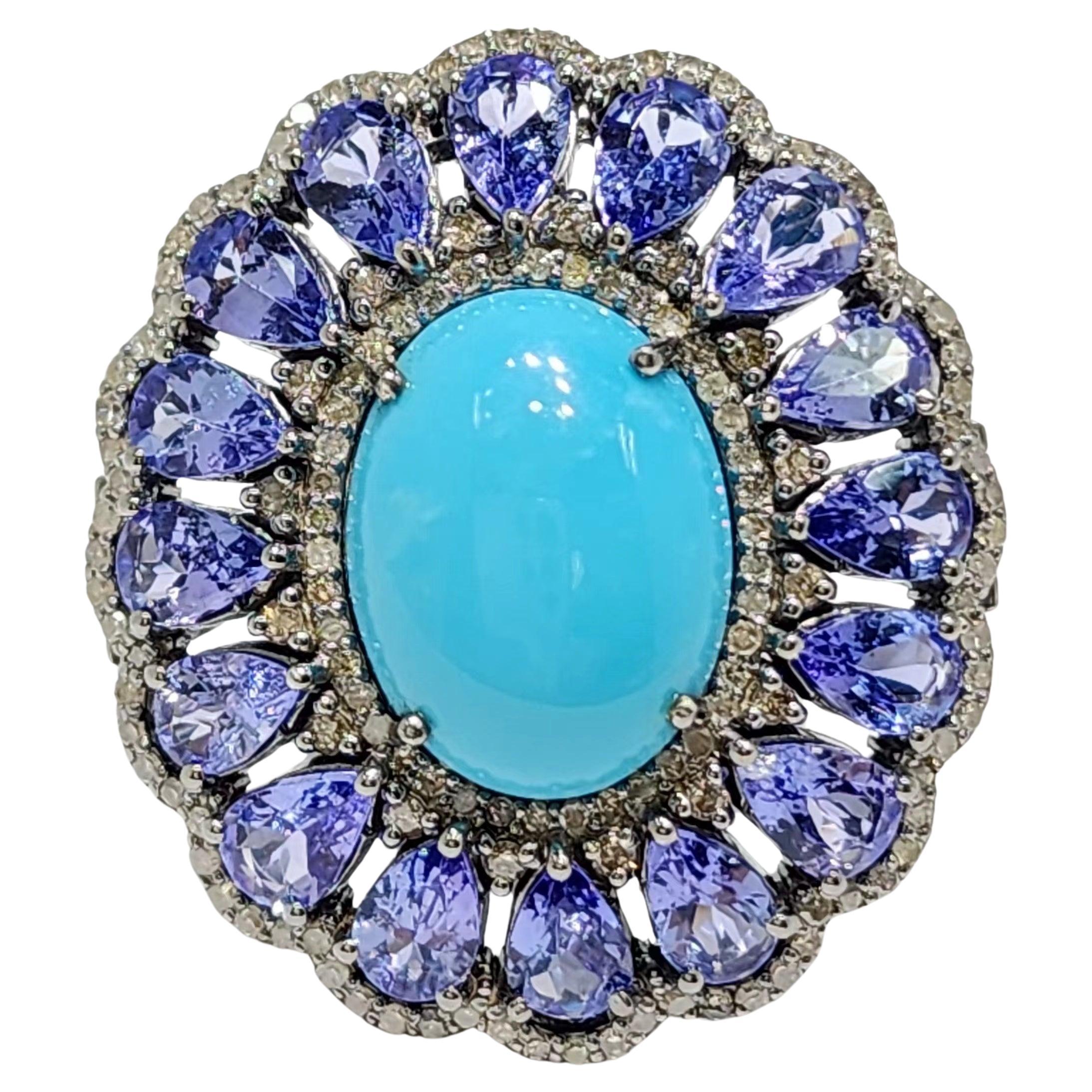 Vintage Turquoise 12.25Ct Tanzanite and Natural Diamond Ring in Silver 925