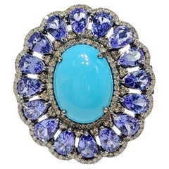 Vintage Turquoise 12.25Ct Tanzanite and Natural Diamond Ring in Silver 925