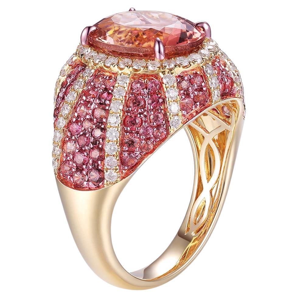 Anillo Art Déco de 3,68 quilates de turmalina rosa, zafiro rosa y diamantes en oro amarillo de 18 quilates