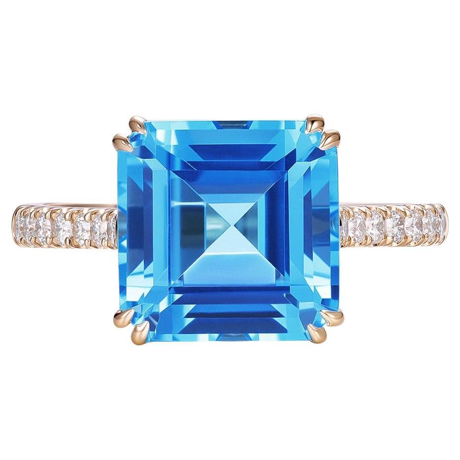 Vintage 5.74Ct Asscher-cut Blue Topaz Diamond Ring in 14K Yellow Gold